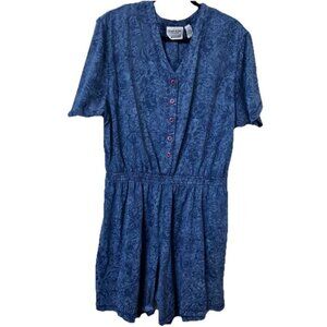 Vintage Fashions at Large Romper Womens Blue Floral 90s Playsuit Cottagecore